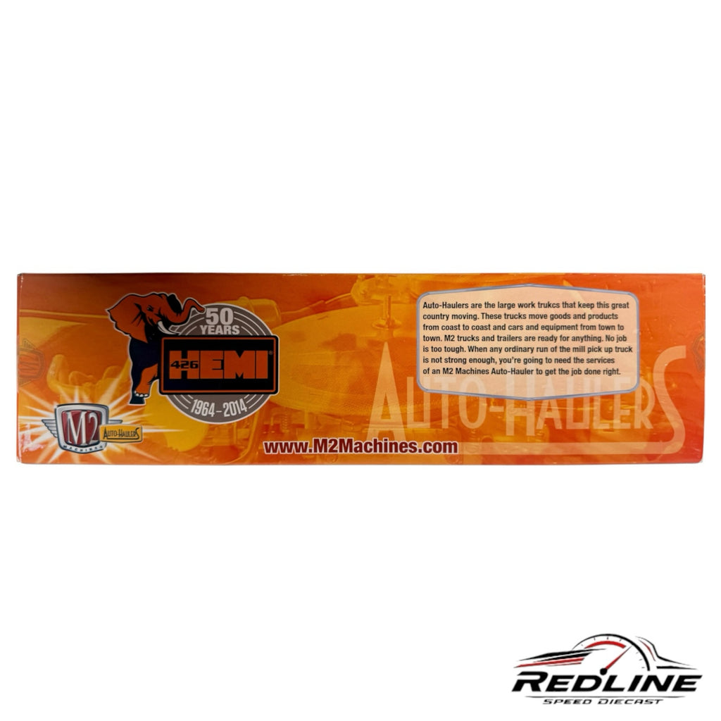 Redline Speed Diecast M2 Machines HEMI 50th Anniversary auto hauler packaging box with orange and black graphics