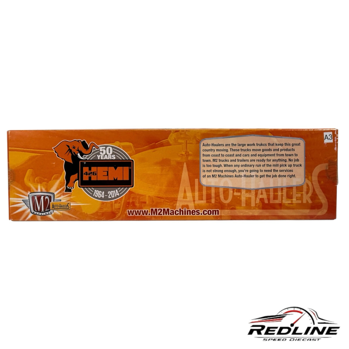 Redline Speed Diecast M2 Machines Auto-Haulers packaging featuring 50 years of 426 HEMI branding and orange graphics