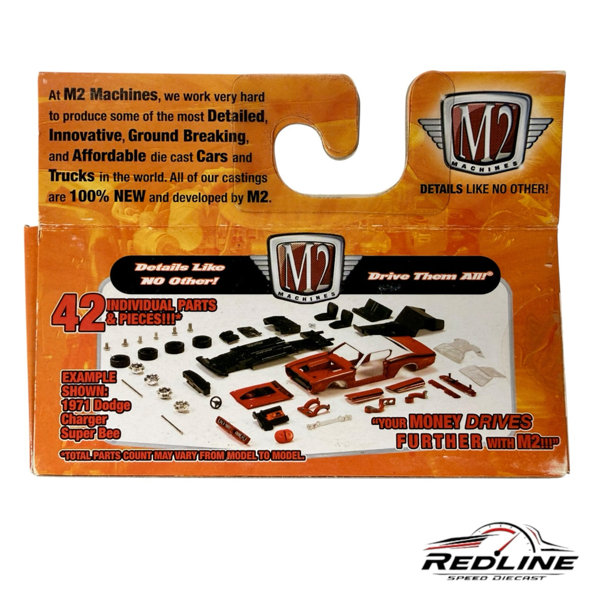 Redline Speed Diecast M2 Machines model kit packaging showing disassembled 1971 Dodge Charger Super Bee parts
