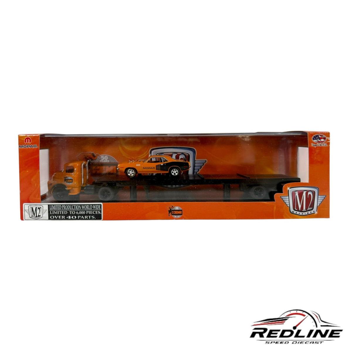 Redline Speed Diecast M2 Machines orange Mopar auto-hauler truck and muscle car set in original display packaging