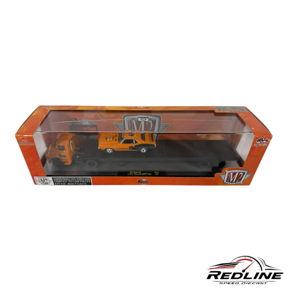 Redline Speed Diecast M2 Machines orange Mopar hauler truck and muscle car set in original display packaging