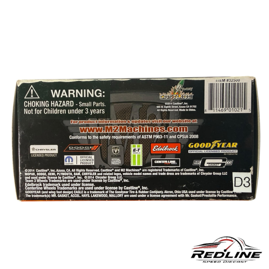 Redline Speed Diecast packaging back label for M2 Machines 1971 Plymouth Hemi Cuda with safety warnings and logos