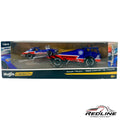 Redline Speed Diecast Maisto 1:64 scale ramp truck and 1969 Corvette Coupe set in blue and red Firestone livery.