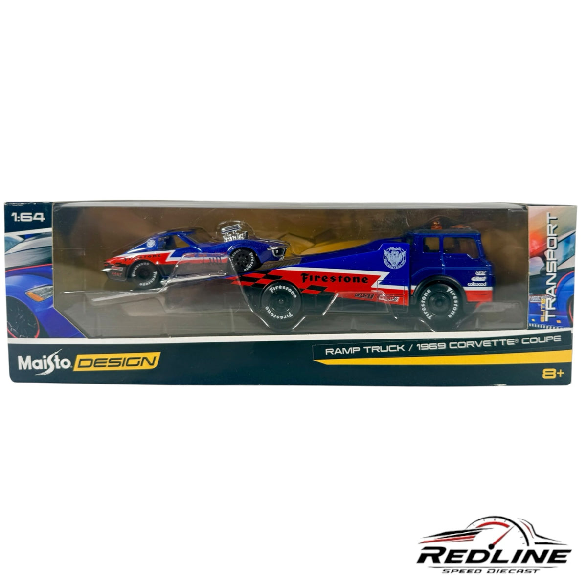 Redline Speed Diecast Maisto 1:64 scale ramp truck and 1969 Corvette Coupe set in blue and red Firestone livery.