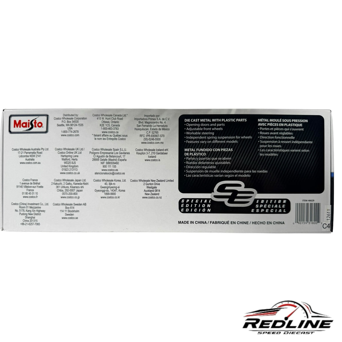 Redline Speed Diecast Maisto Ford Mustang GTD model packaging box with product features and branding details.