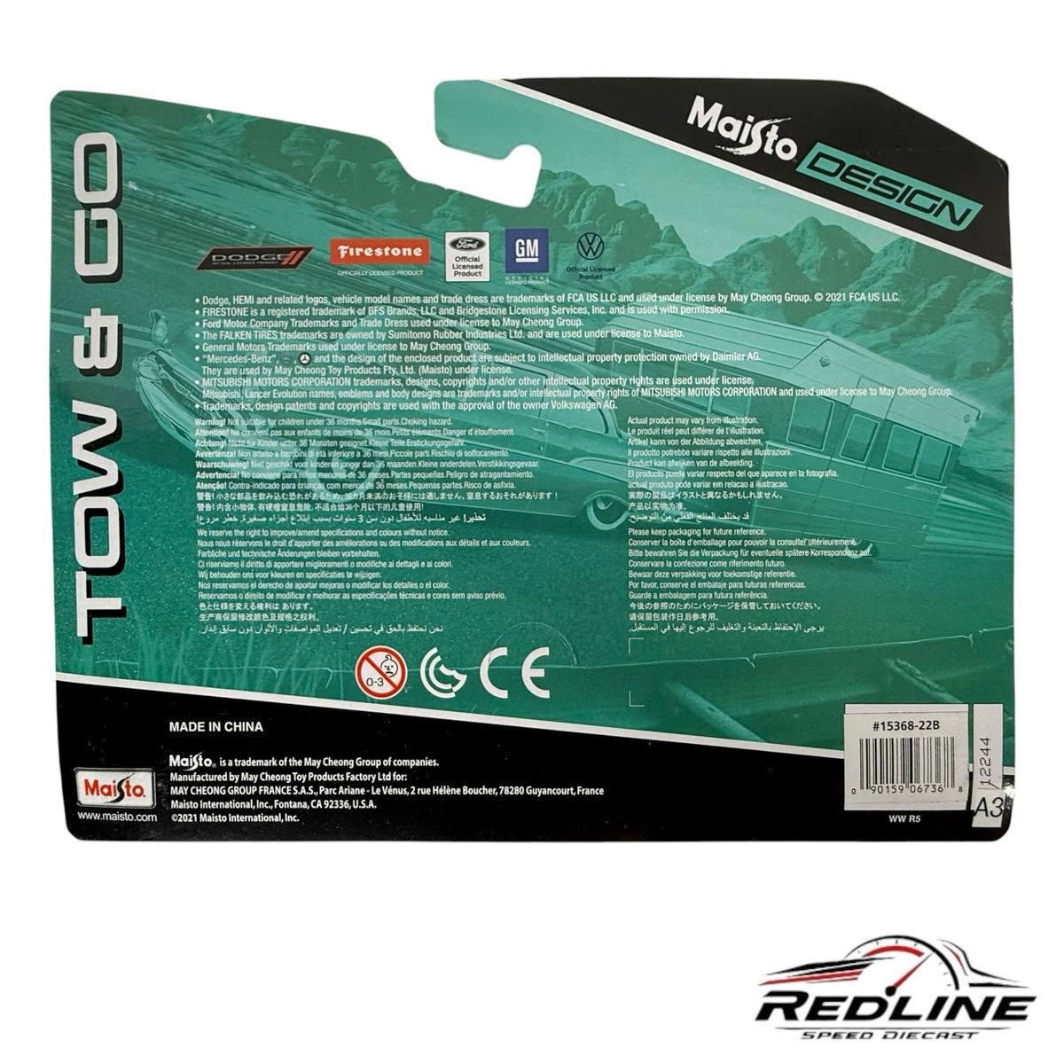 Redline Speed Diecast Maisto Design Tow & Go packaging back showing product information and safety warnings