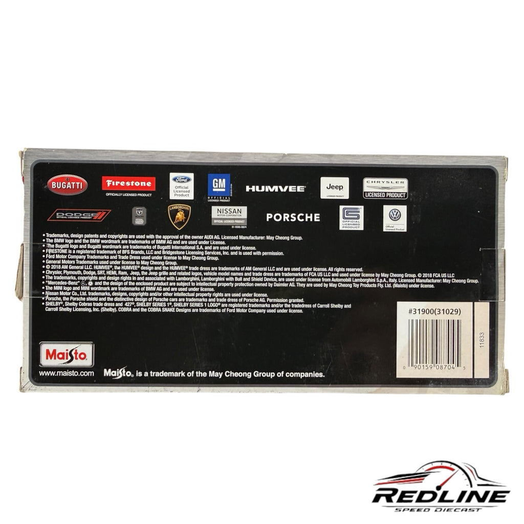 Redline Speed Diecast Maisto model car packaging box back view showing official automotive brand logos
