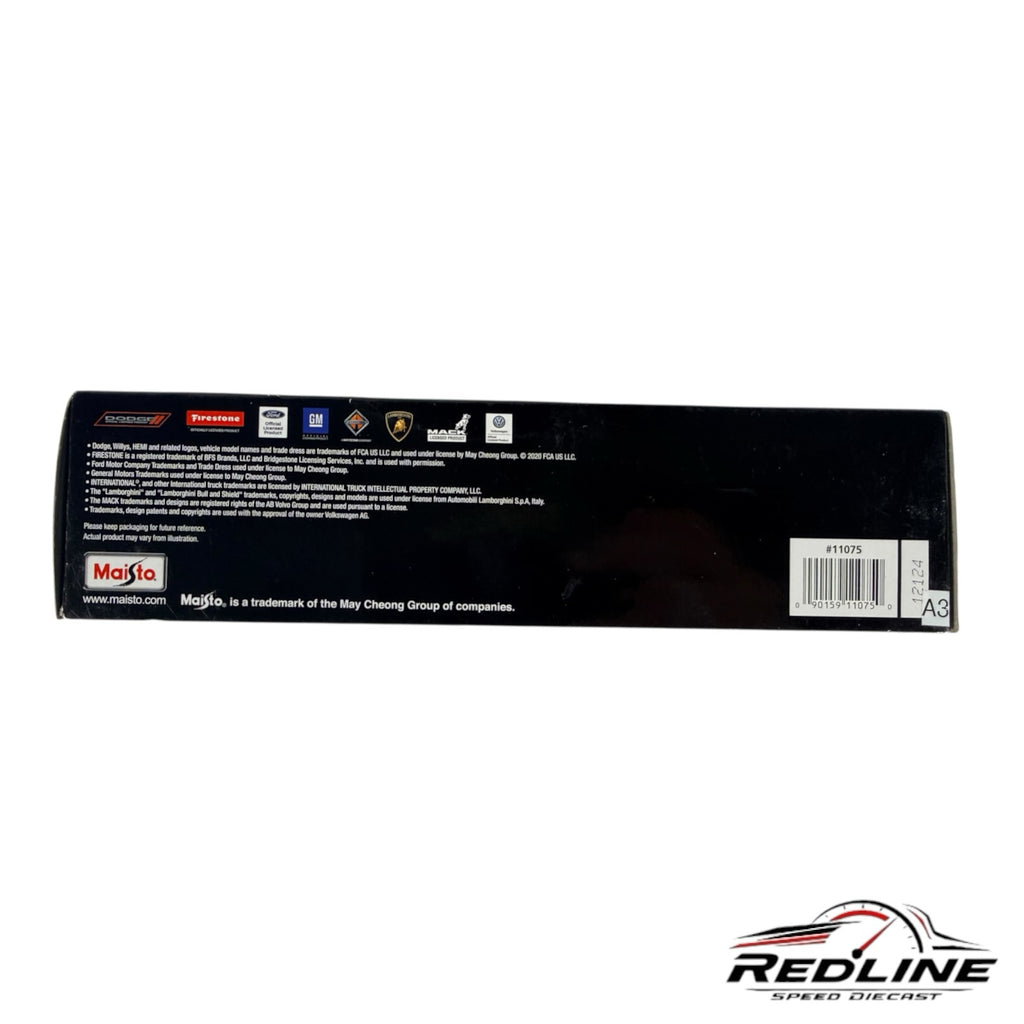 Redline Speed Diecast Maisto packaging side panel with legal text, brand logos, and barcode for a diecast set.