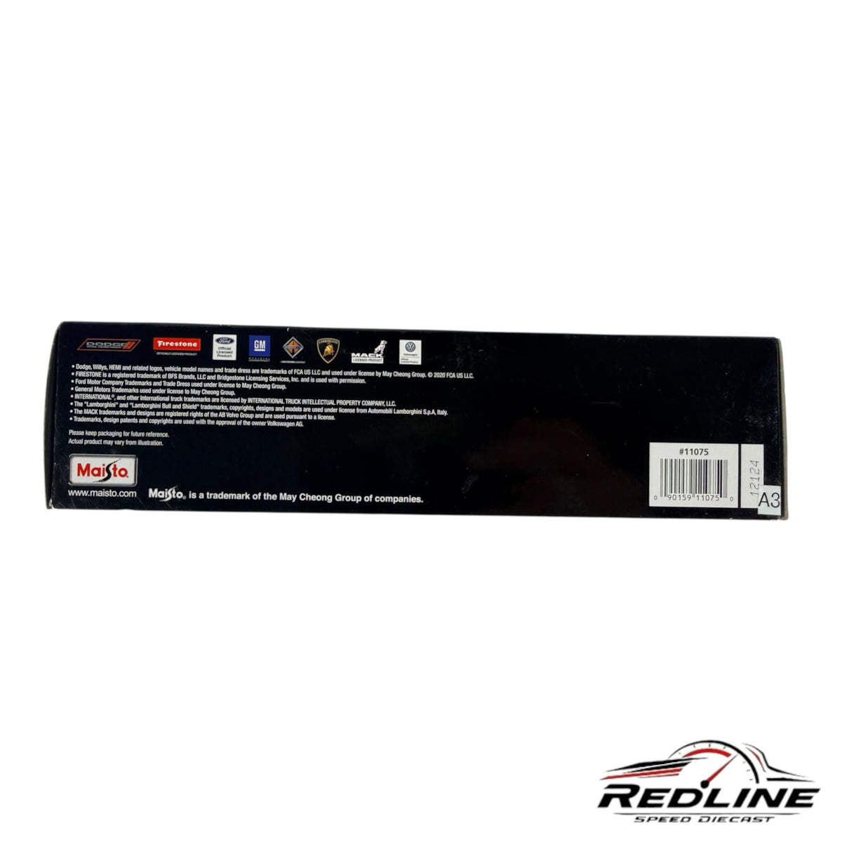 Redline Speed Diecast Maisto packaging side panel with legal text, brand logos, and barcode for a diecast set.