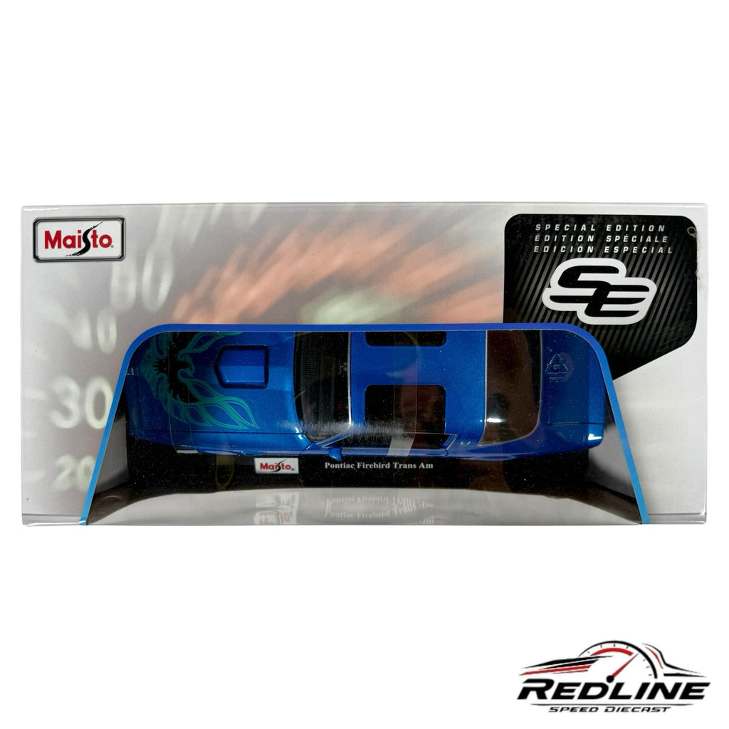 Redline Speed Diecast Maisto 1:18 scale metallic blue Pontiac Firebird Trans Am model car in original display box