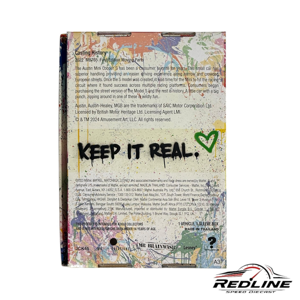 Redline Speed Diecast Matchbox Mr. Brainwash Austin Mini Cooper S collector box back with graffiti art and text
