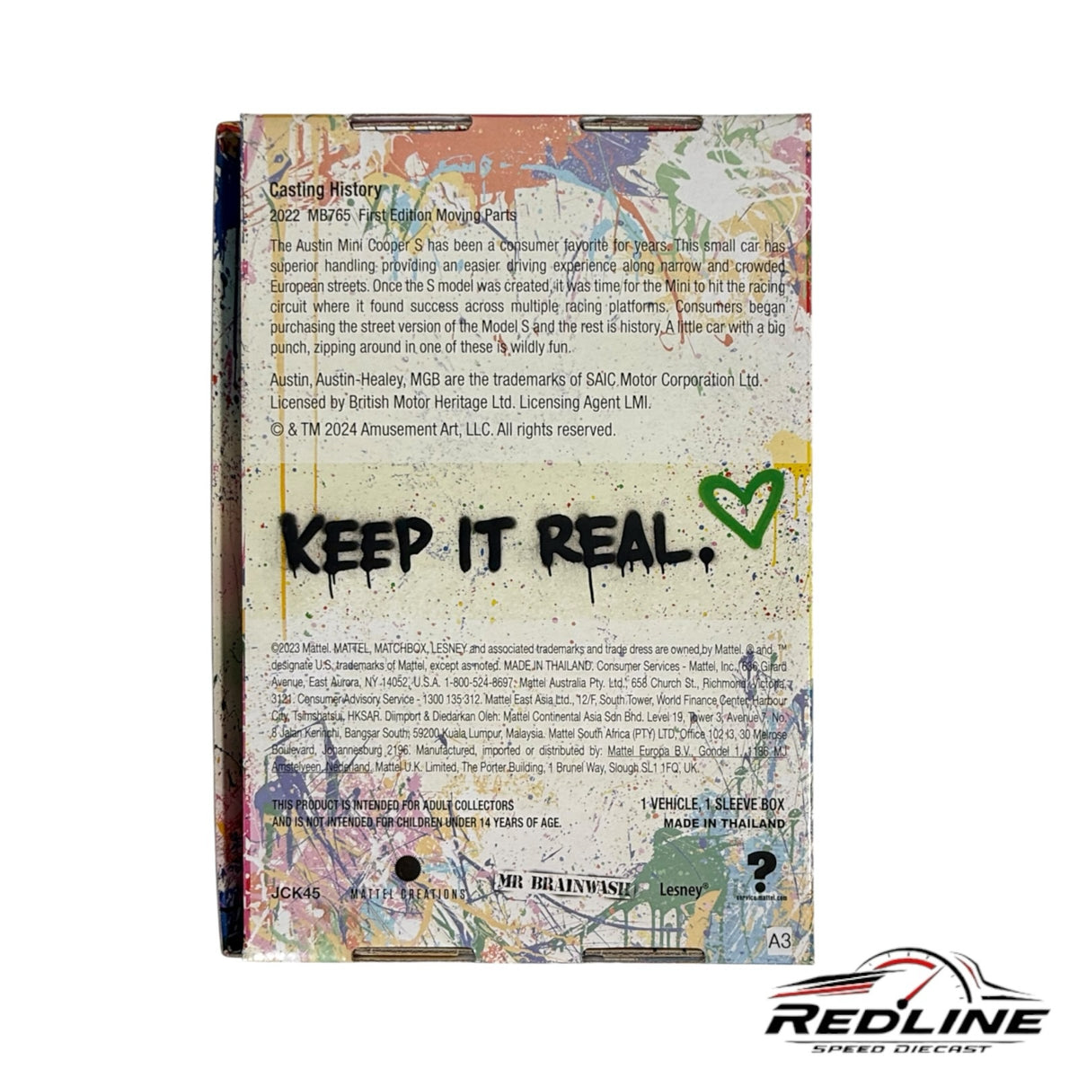 Redline Speed Diecast Matchbox Mr. Brainwash Austin Mini Cooper S collector box back with graffiti art and text