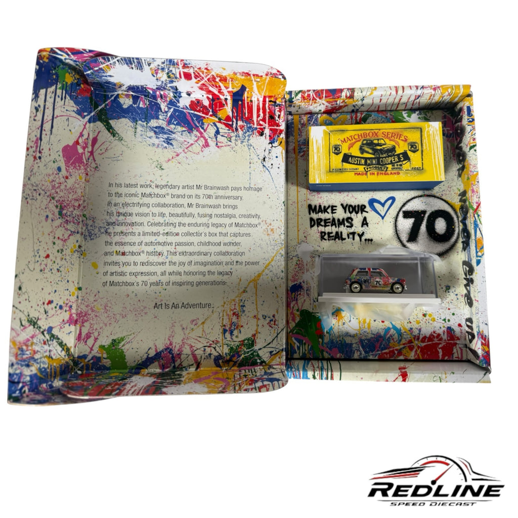 Redline Speed Diecast Matchbox Mr. Brainwash Austin Mini Cooper S in graffiti-splattered collector box with 70th logo