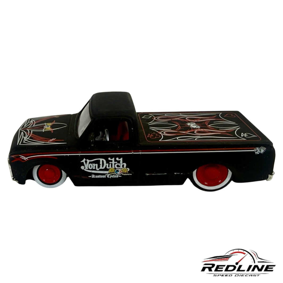 Redline Speed Diecast 1:64 scale matte black 1972 Chevrolet Cheyenne pickup with red pinstriping and Von Dutch logo