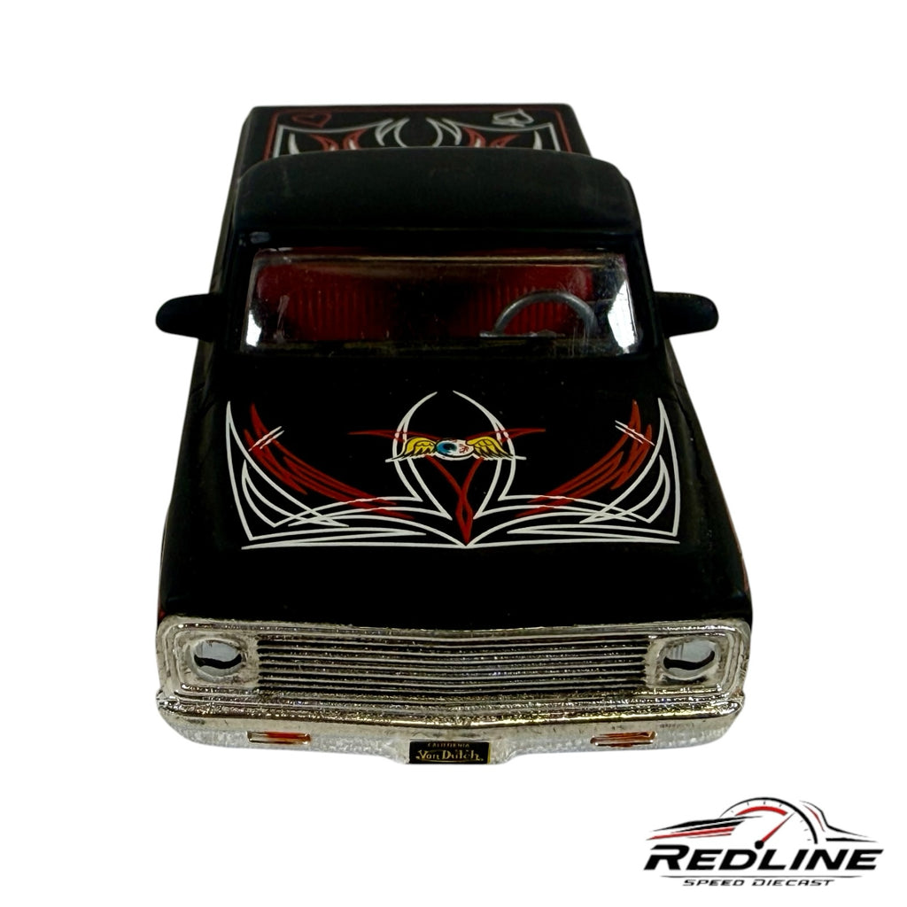 Redline Speed Diecast 1:64 scale matte black 1972 Chevrolet Cheyenne truck with Von Dutch pinstriping and eyeball logo