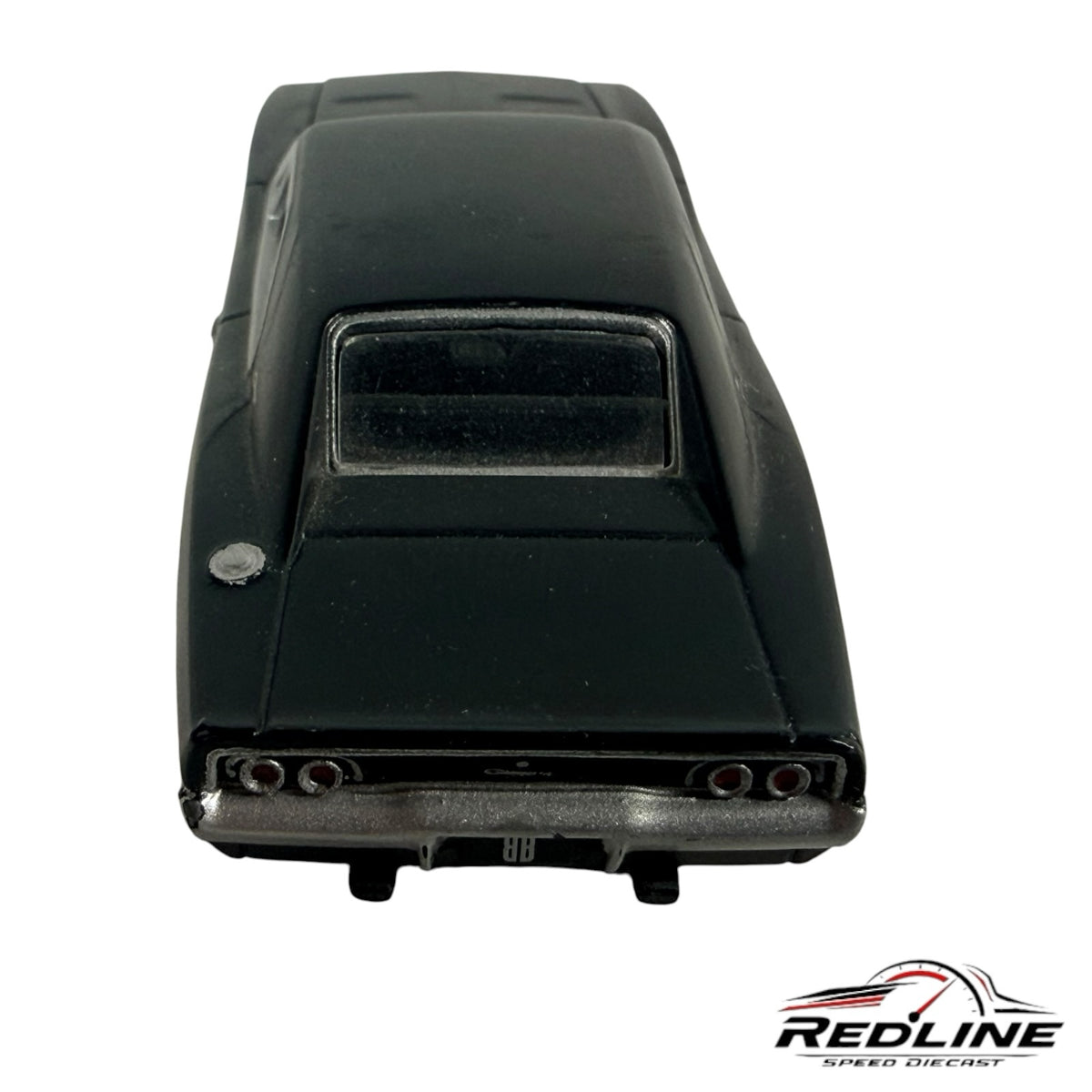 Redline Speed Diecast 1968 Dodge Charger model car in matte black, rear view showing taillights and trunk detail.