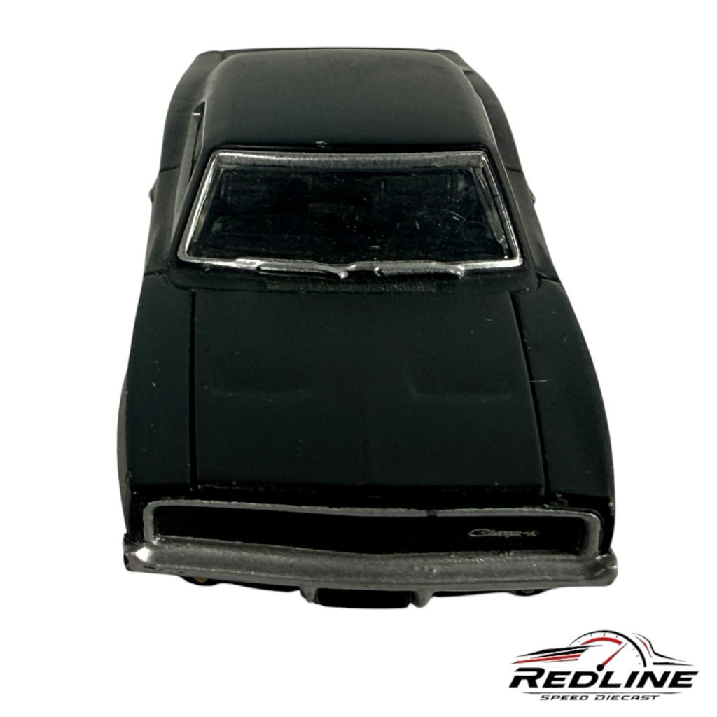Redline Speed Diecast 1968 Dodge Charger model car in matte black with a detailed front grille and classic silhouette.