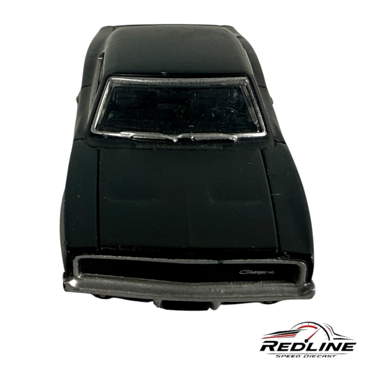 Redline Speed Diecast 1968 Dodge Charger model car in matte black with a detailed front grille and classic silhouette.