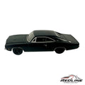 Redline Speed Diecast 1968 Dodge Charger model car in matte black with authentic muscle car styling and side profile.