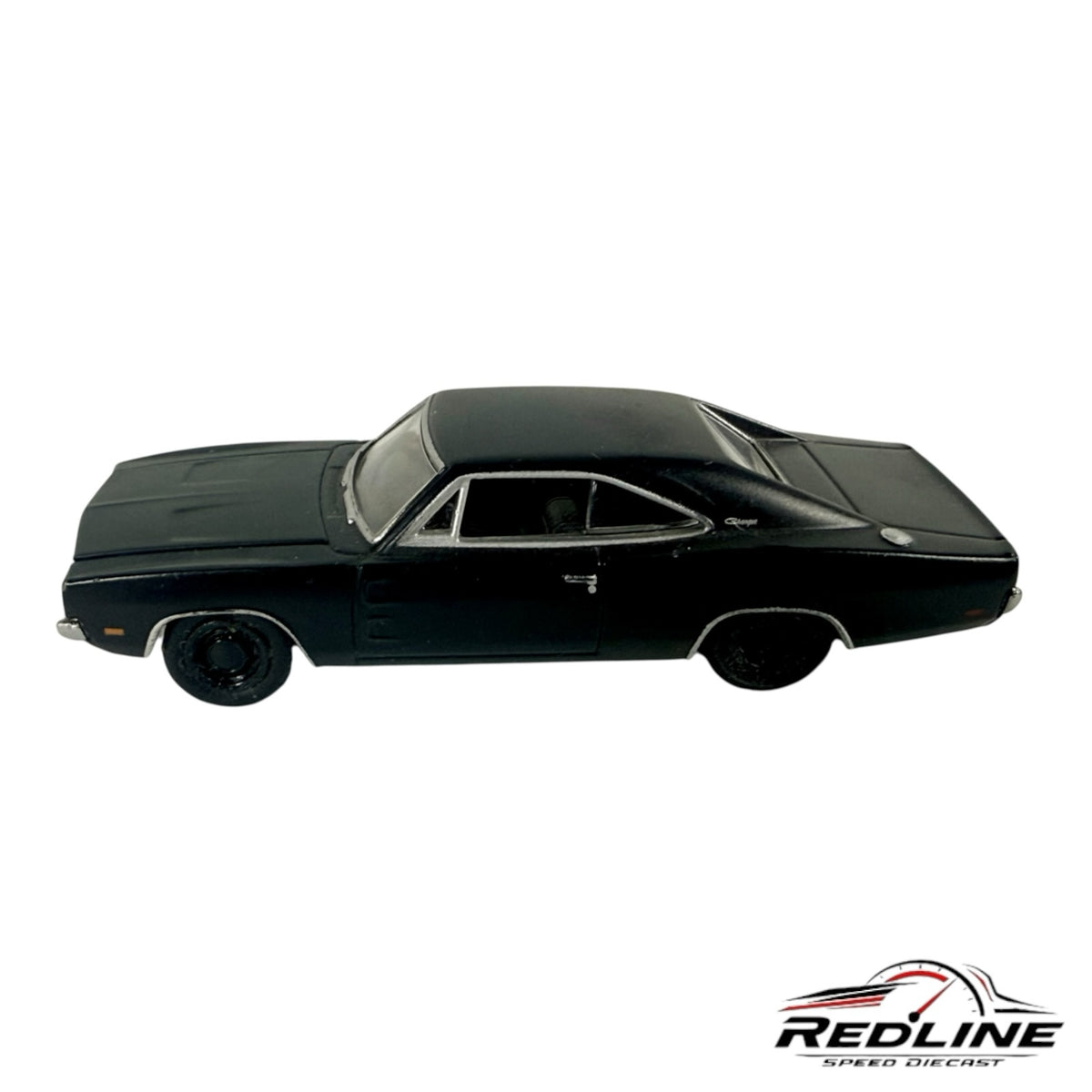 Redline Speed Diecast 1968 Dodge Charger model car in matte black with authentic muscle car styling and side profile.