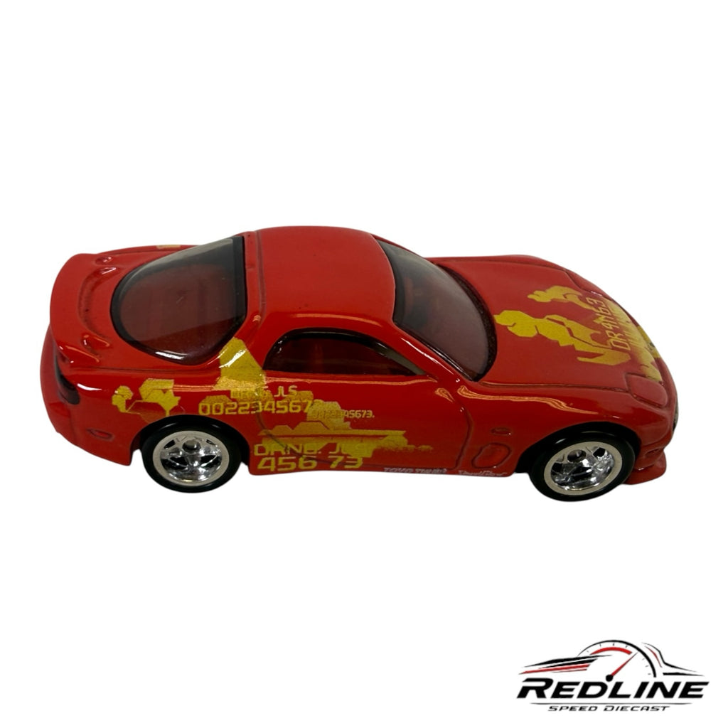Redline Speed Diecast 1:64 scale 1995 Mazda RX-7 model car in glossy red with yellow custom racing graphics
