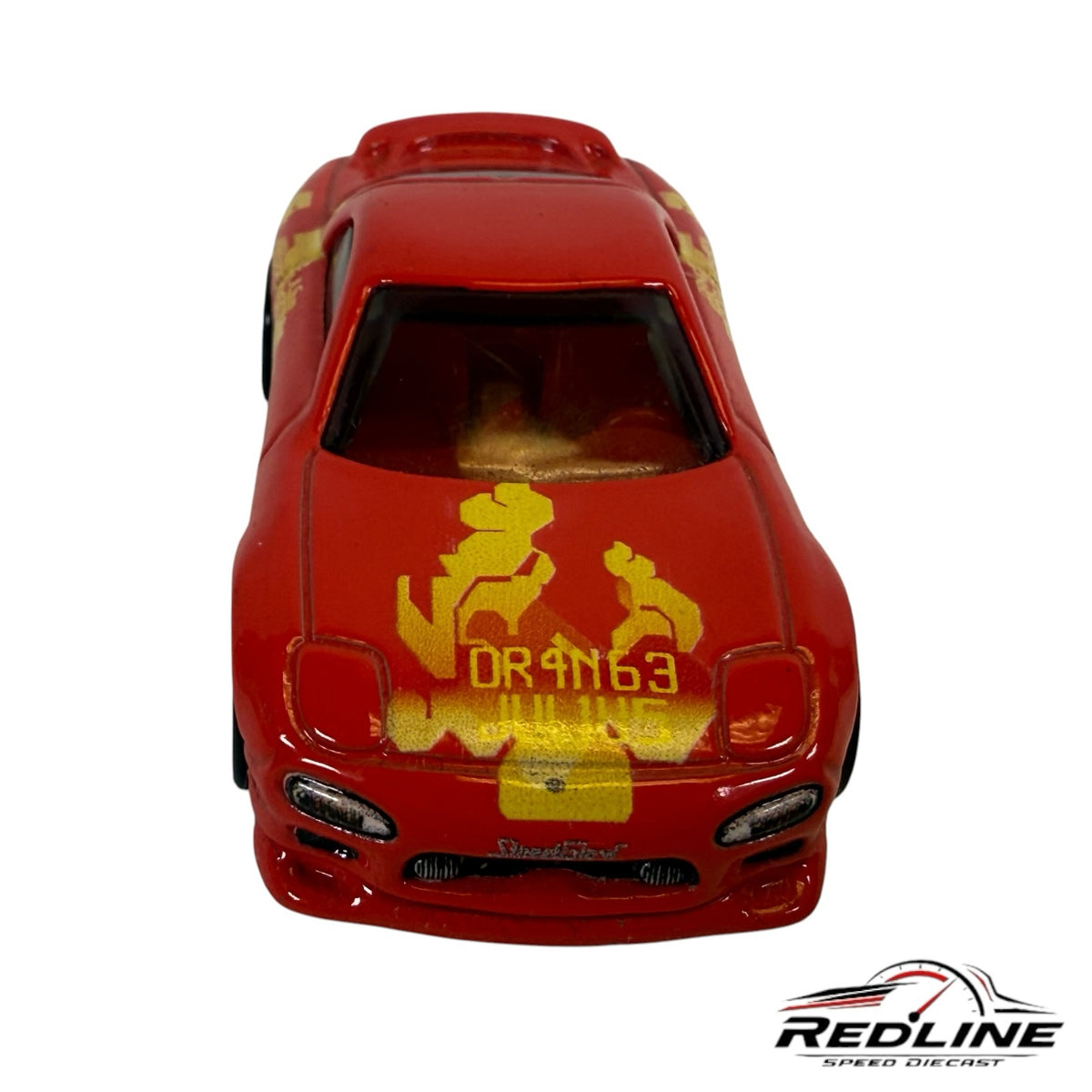 Redline Speed Diecast 1:64 scale 1995 Mazda RX-7 model car in red with yellow custom graphics and racing decals.