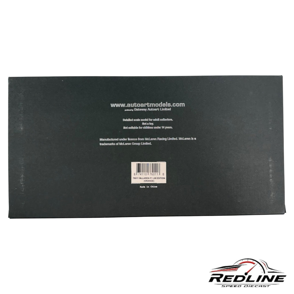 Redline Speed Diecast packaging box for the McLaren F1 LM model featuring product information and barcode