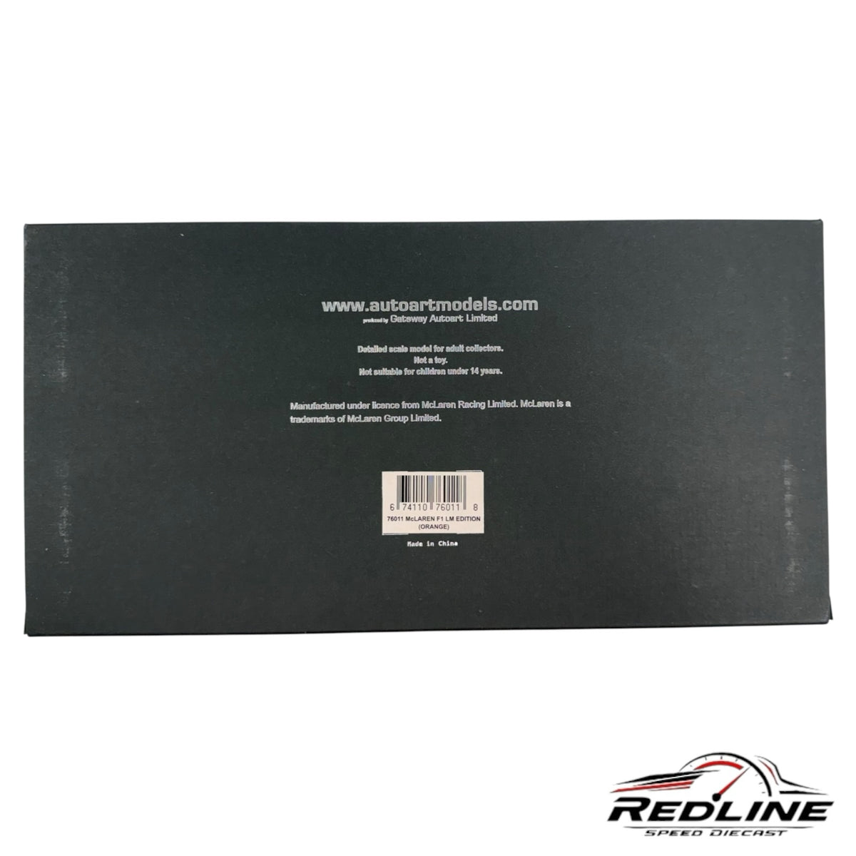 Redline Speed Diecast packaging box for the McLaren F1 LM model featuring product information and barcode