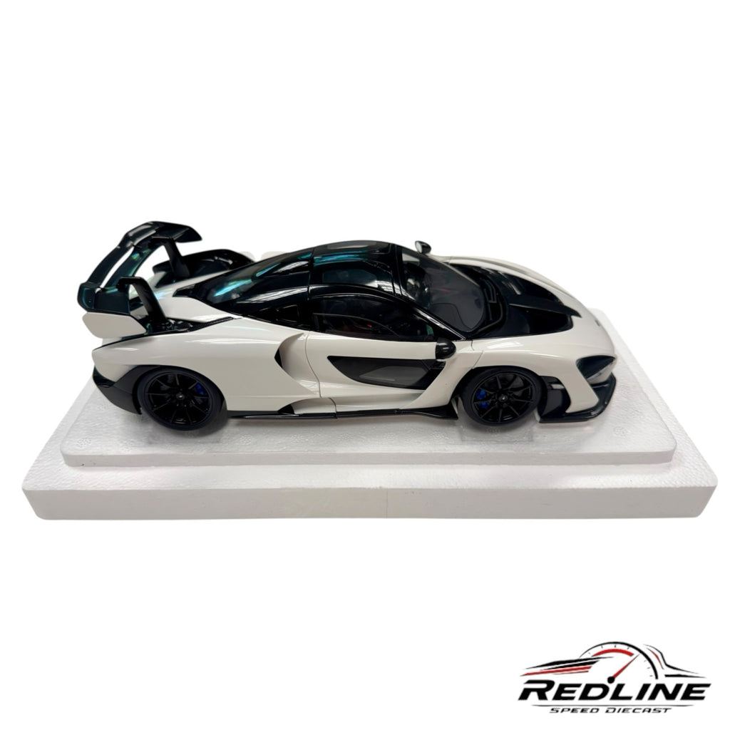 Redline Speed Diecast AUTOart McLaren Senna model car in white with black accents and detailed aerodynamic features