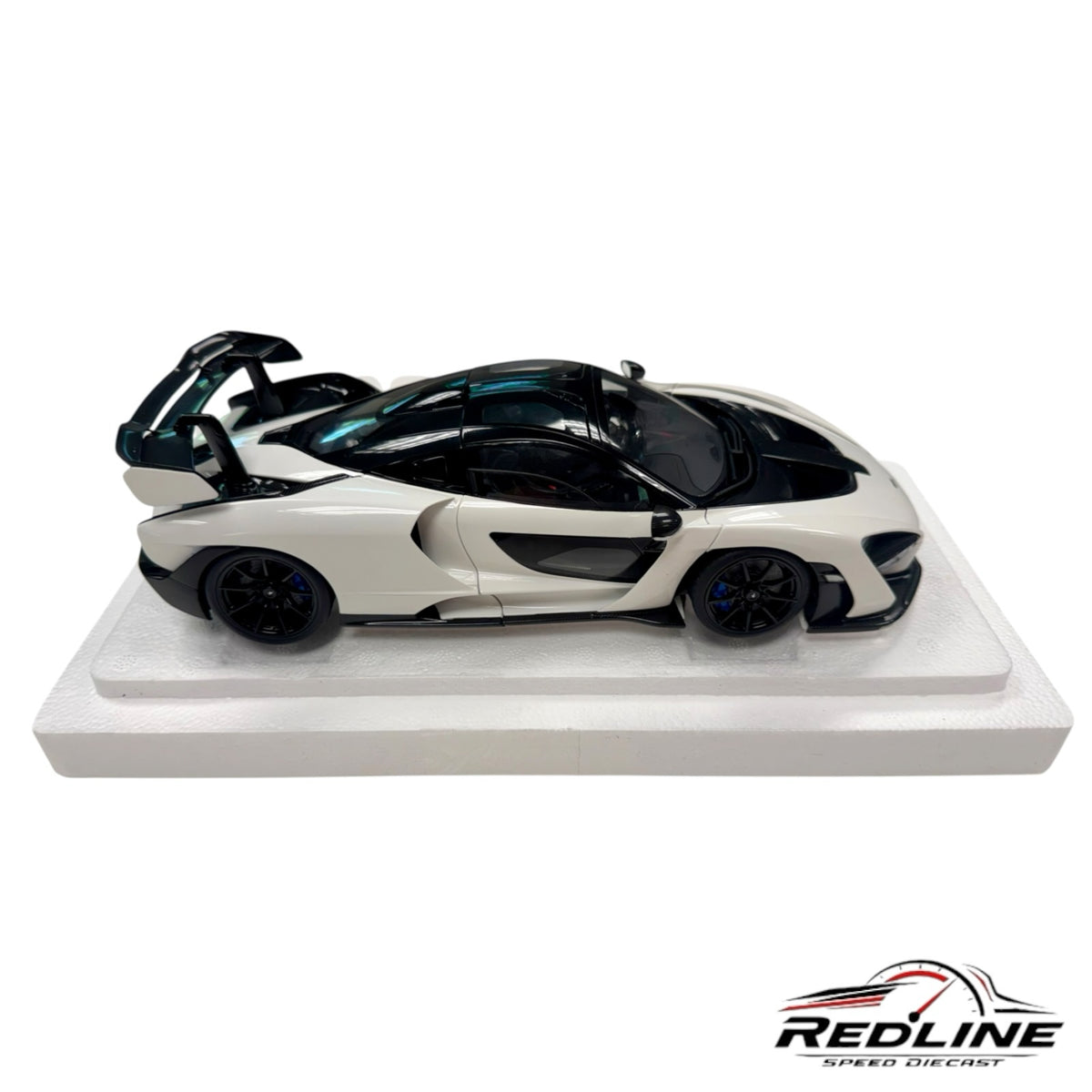 Redline Speed Diecast AUTOart McLaren Senna model car in white with black accents and detailed aerodynamic features