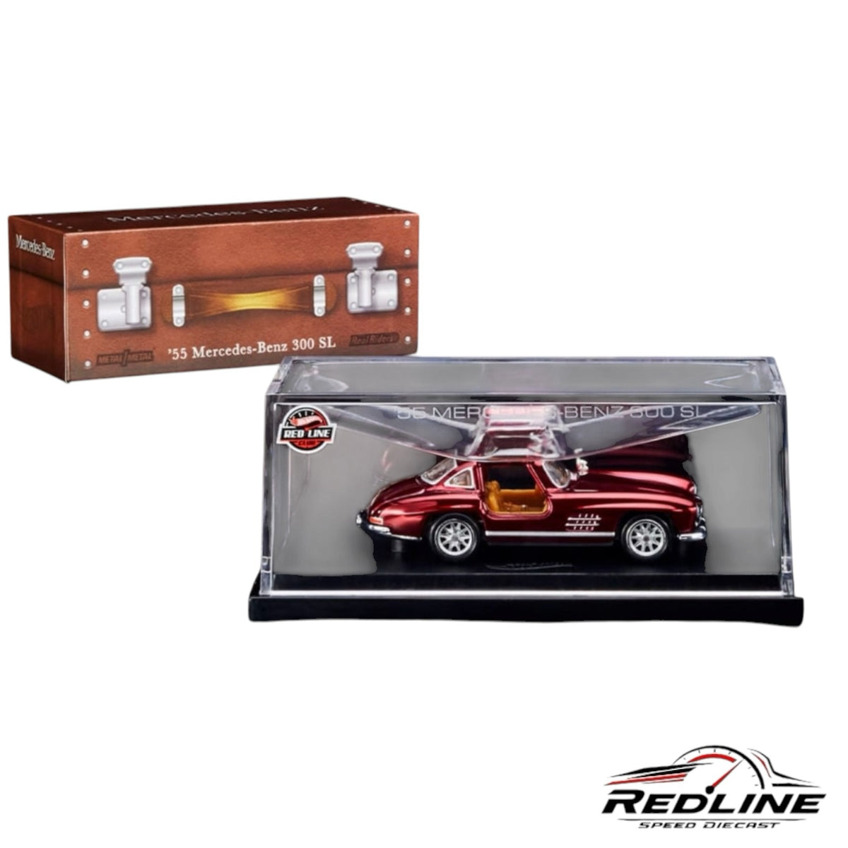 Redline Speed Diecast 1955 Mercedes-Benz 300 SL model car in deep red with suitcase-style collector display box