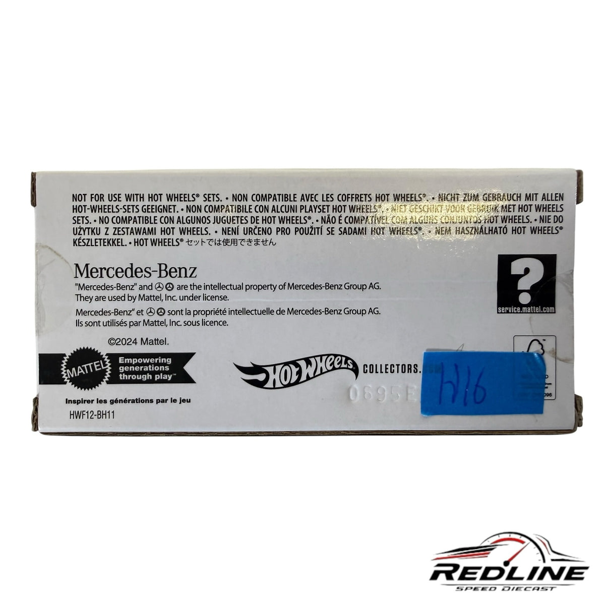 Redline Speed Diecast Mercedes-Benz 600 collector box back panel with legal text and Hot Wheels branding