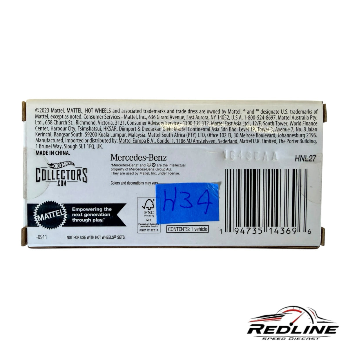 Redline Speed Diecast Mercedes-Benz 300 SL collectible packaging back view with barcode and product information