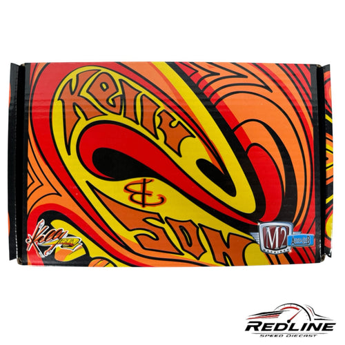 Redline Speed Diecast M2 Machines 1949 Mercury Custom display box with vibrant red, orange, and yellow flame graphics.