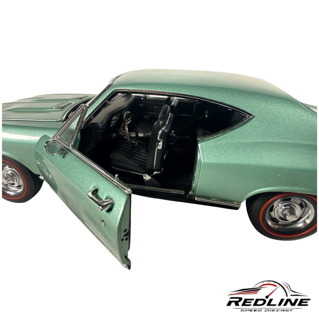 Redline Speed Diecast 1968 Chevrolet Chevelle SS-396 model in metallic green with open door and red-line tires