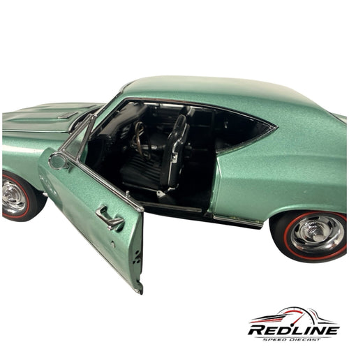 Redline Speed Diecast 1968 Chevrolet Chevelle SS-396 model in metallic green with open door and red-line tires