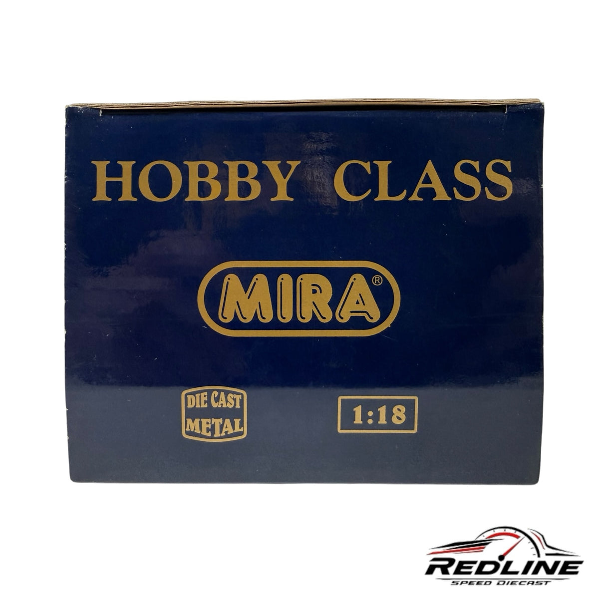 Redline Speed Diecast Mira Hobby Class 1:18 scale die-cast metal model packaging box in dark blue and gold