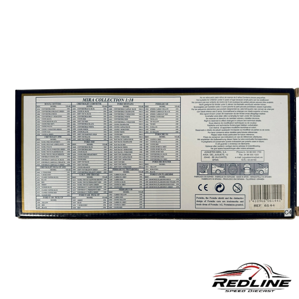Redline Speed Diecast Mira Hobby Class collection reference chart on the back of a model vehicle packaging box.