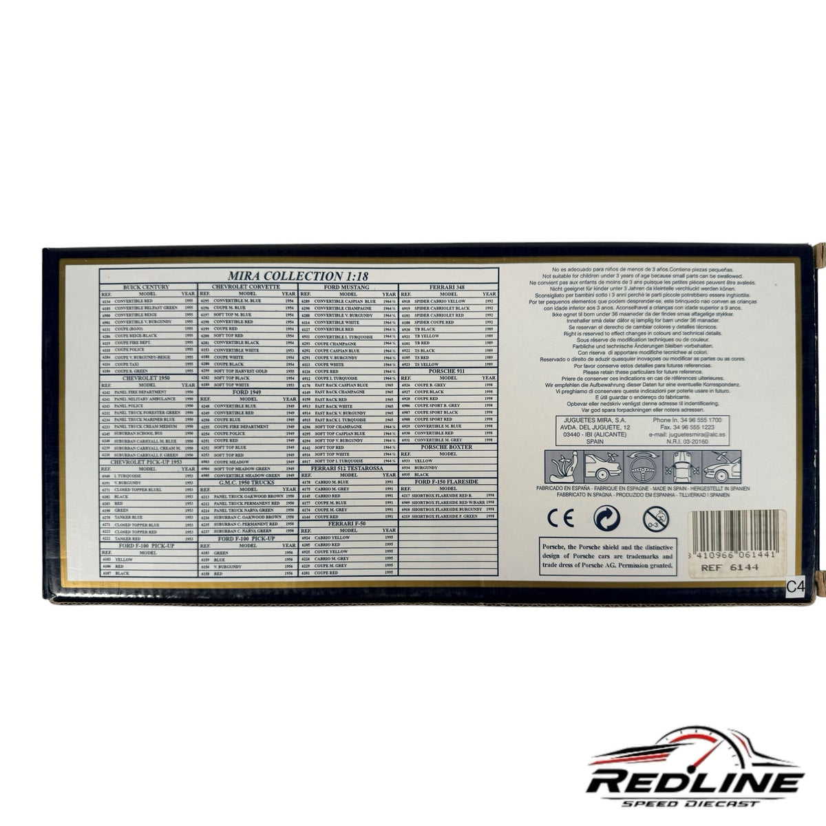 Redline Speed Diecast Mira Hobby Class collection reference chart on the back of a model vehicle packaging box.