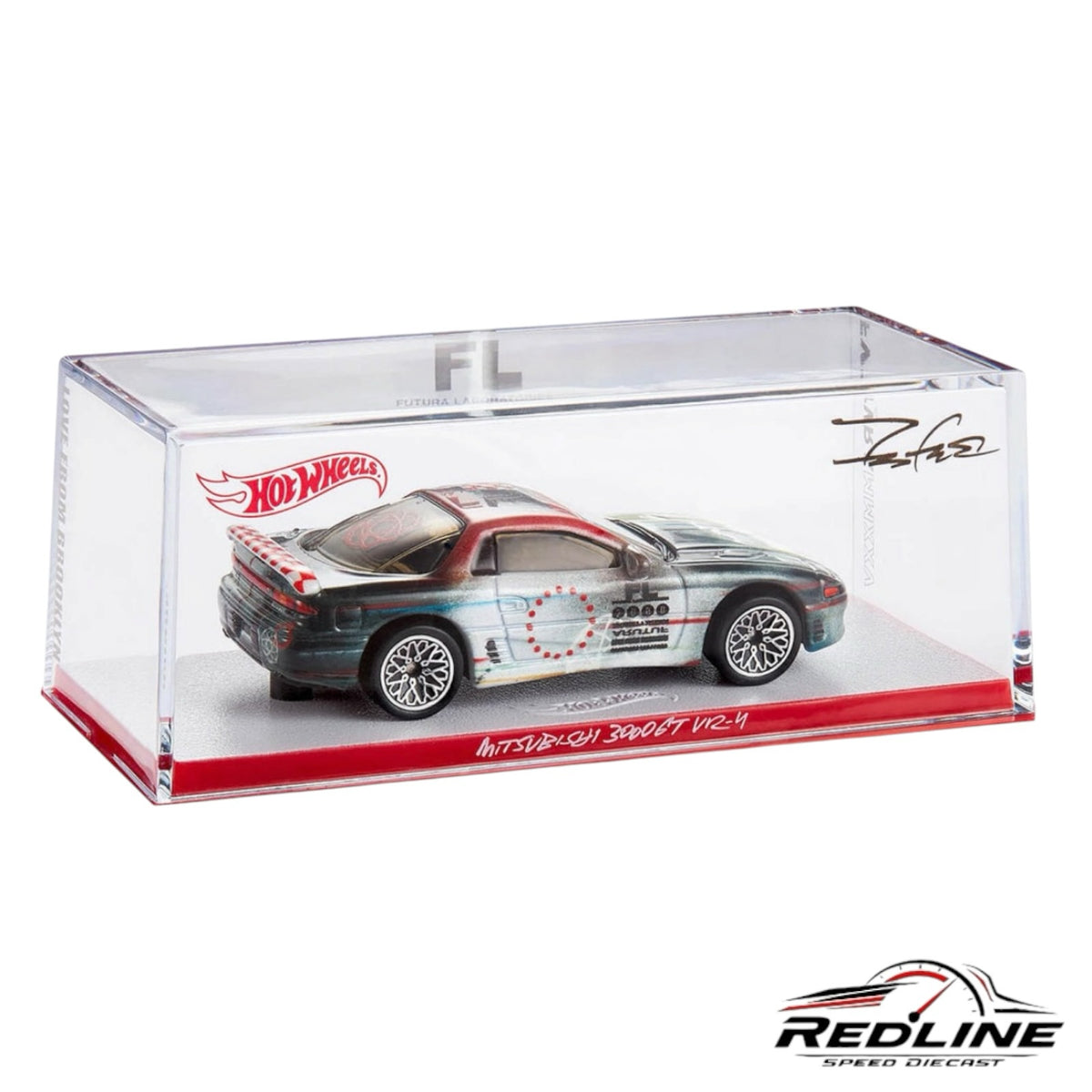 Redline Speed Diecast Hot Wheels Mitsubishi 3000GT VR-4 with Futura Laboratories custom livery in acrylic display case