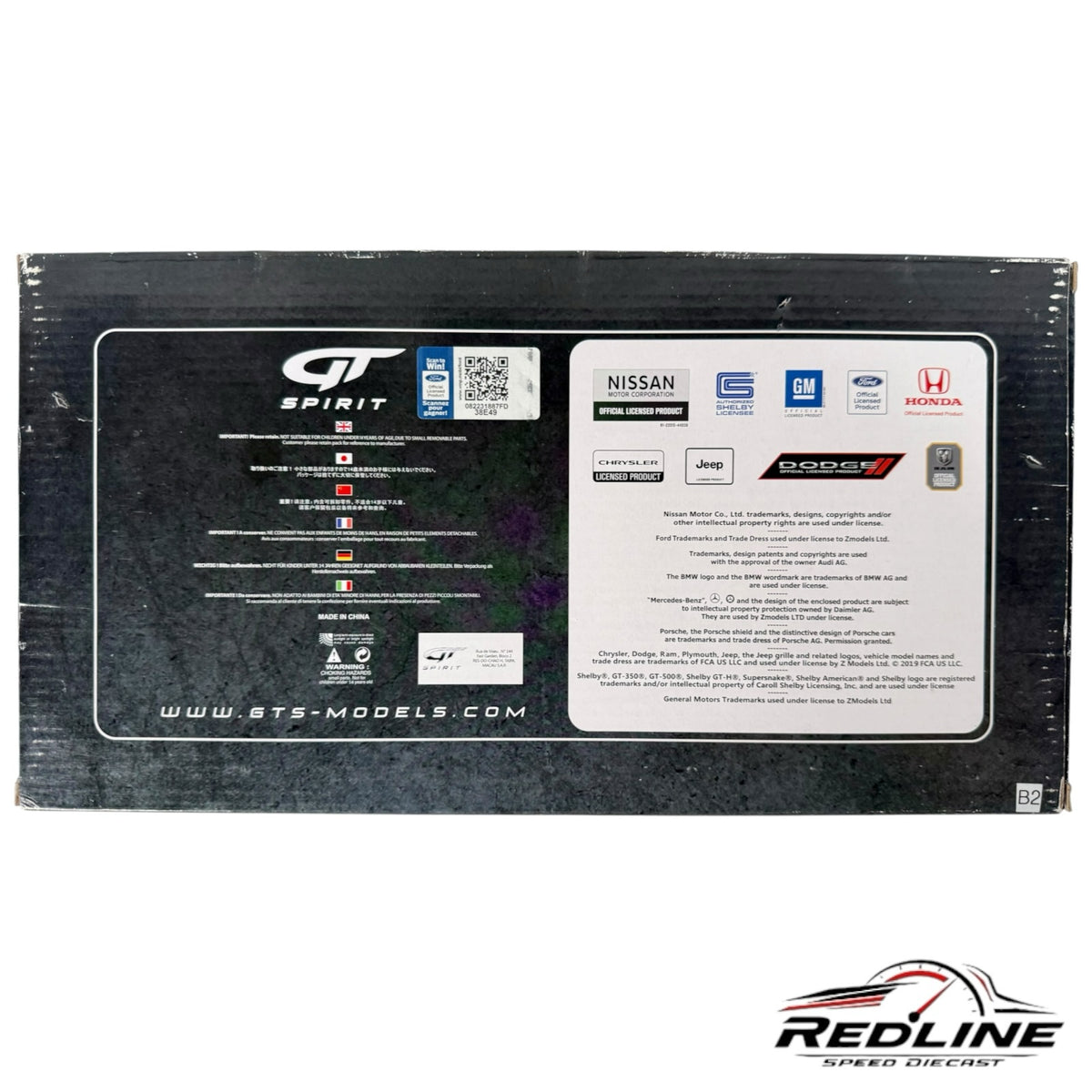 Redline Speed Diecast GT Spirit model car packaging box with official licensing logos and product information
