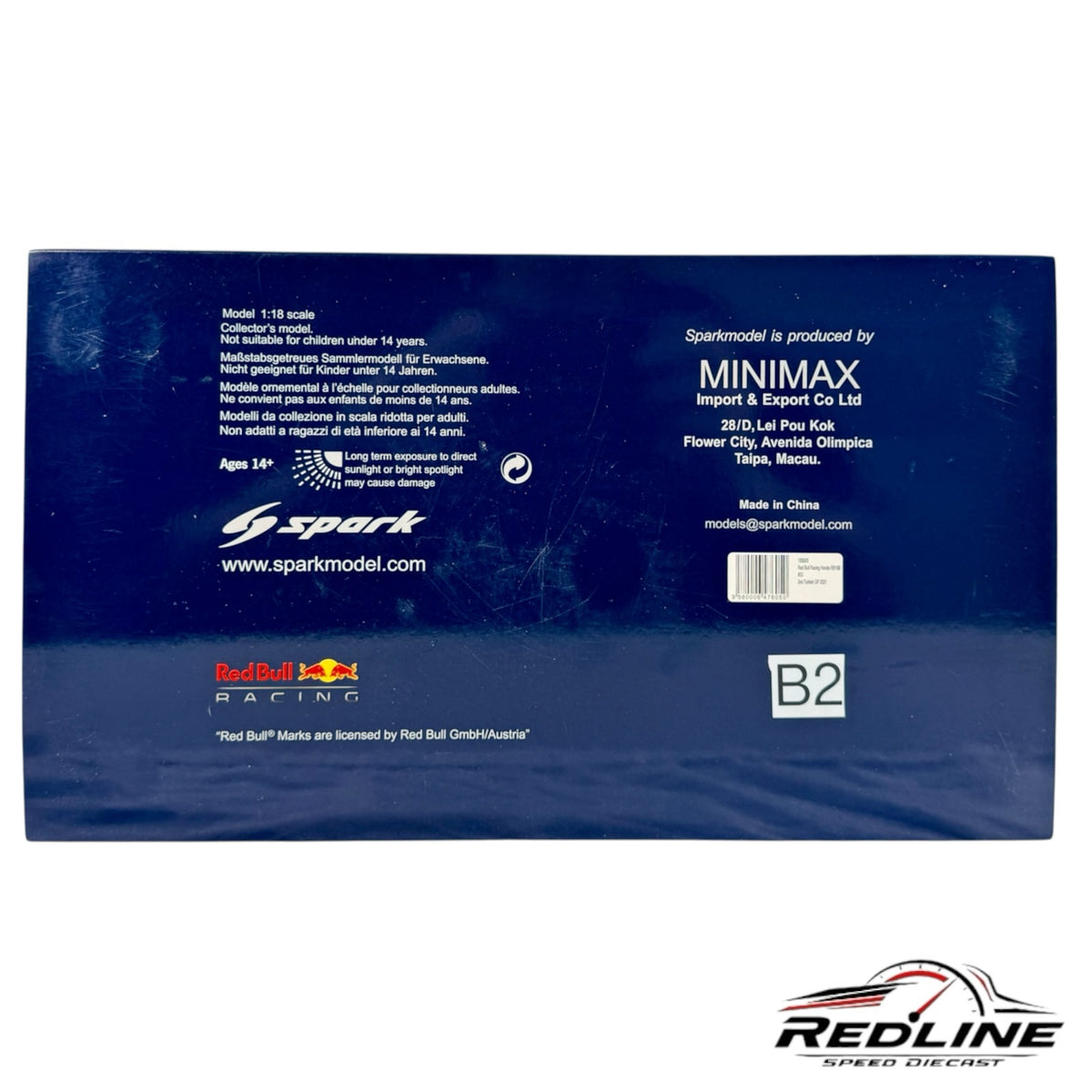 Redline Speed Diecast 1:18 scale model car packaging box back view with Spark branding and product information