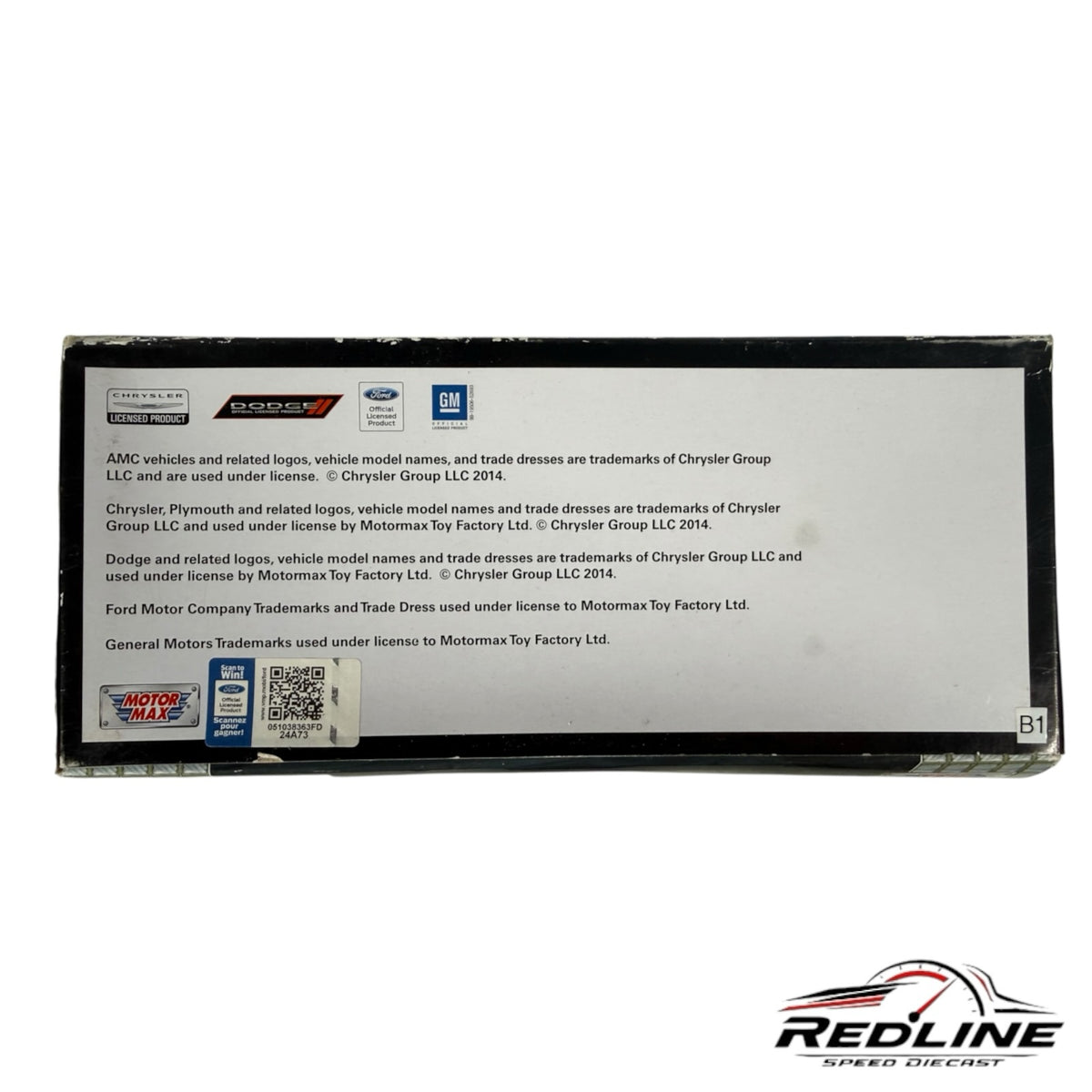 Redline Speed Diecast packaging box back view showing official licensing logos and product information
