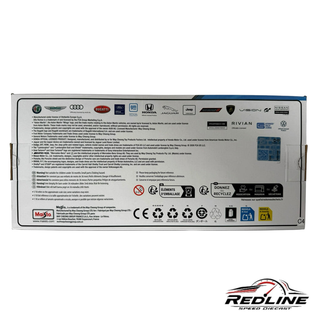 Redline Speed Diecast packaging box back view showing manufacturer information and various automotive brand logos