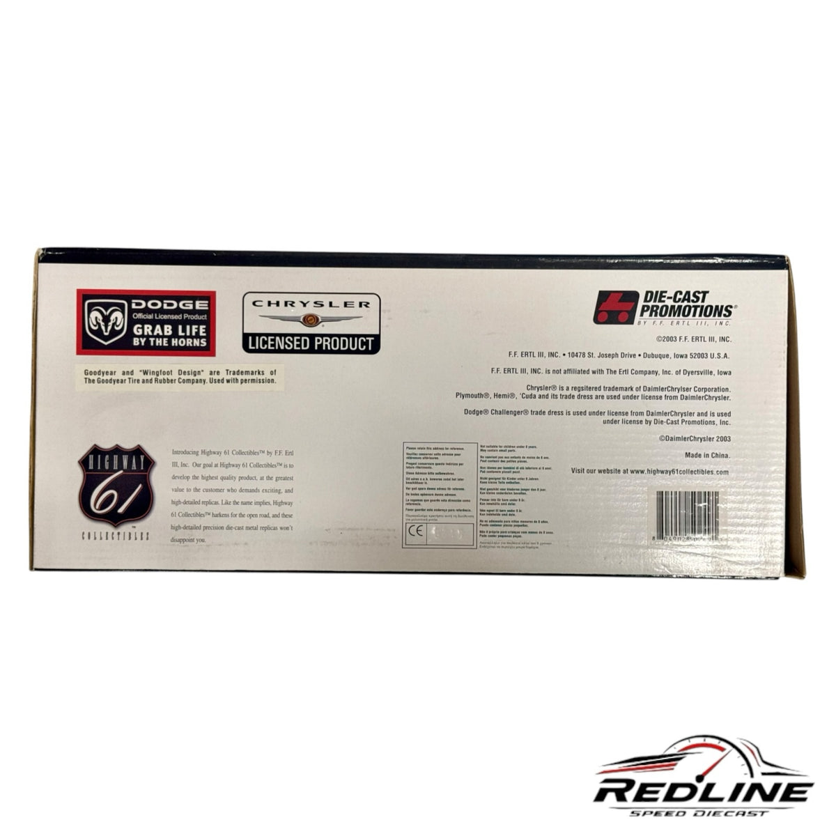 Redline Speed Diecast collector model packaging box with official Dodge and Chrysler licensing information