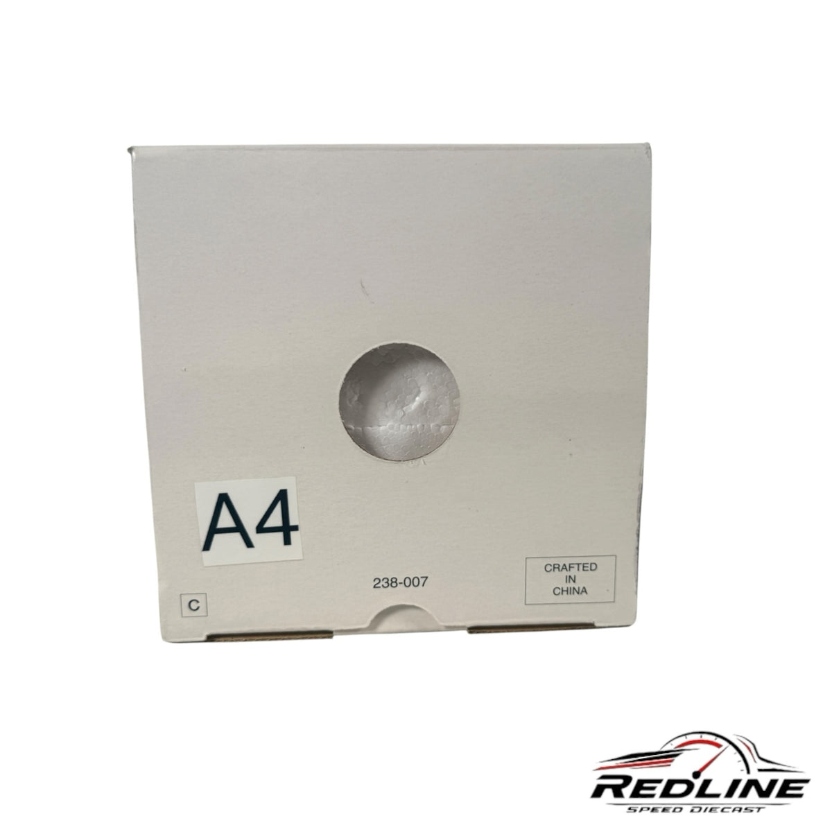 Redline Speed Diecast white cardboard packaging box for a 1957 Chevrolet Pro Street model with A4 label