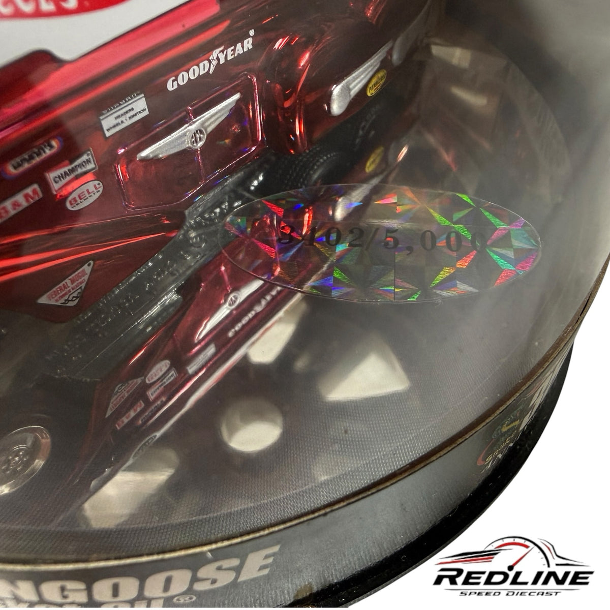 Redline Speed Diecast Hot Wheels Mongoose Rocket Oil drag racing car in red metallic with holographic serial sticker