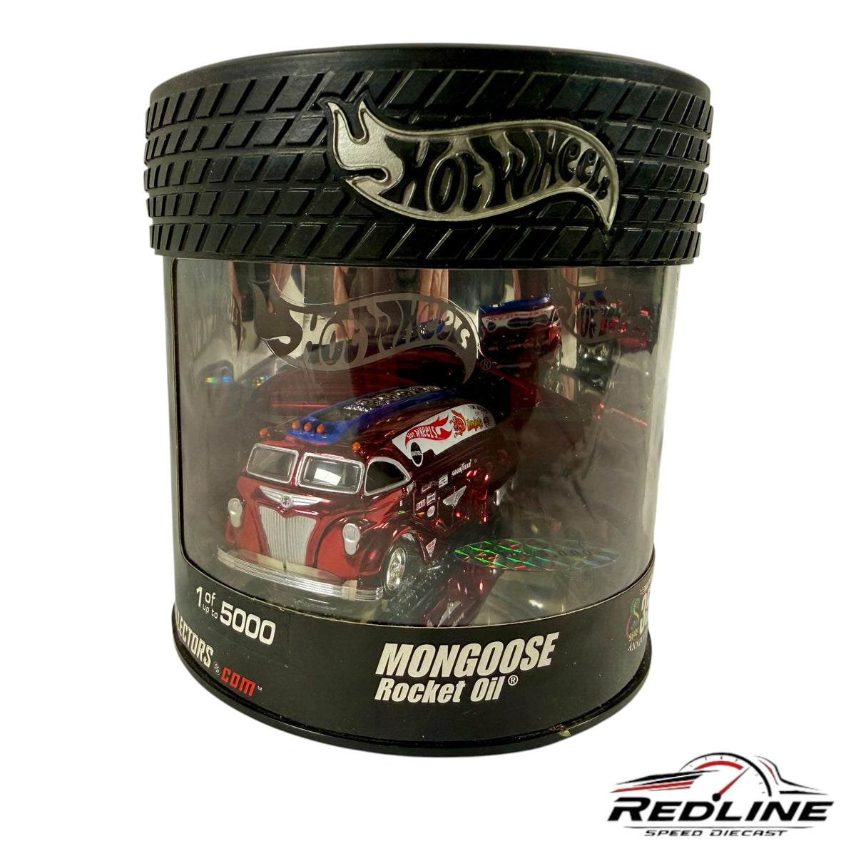 Redline Speed Diecast Hot Wheels Mongoose Rocket Oil drag racing vehicle in a tire-shaped display case
