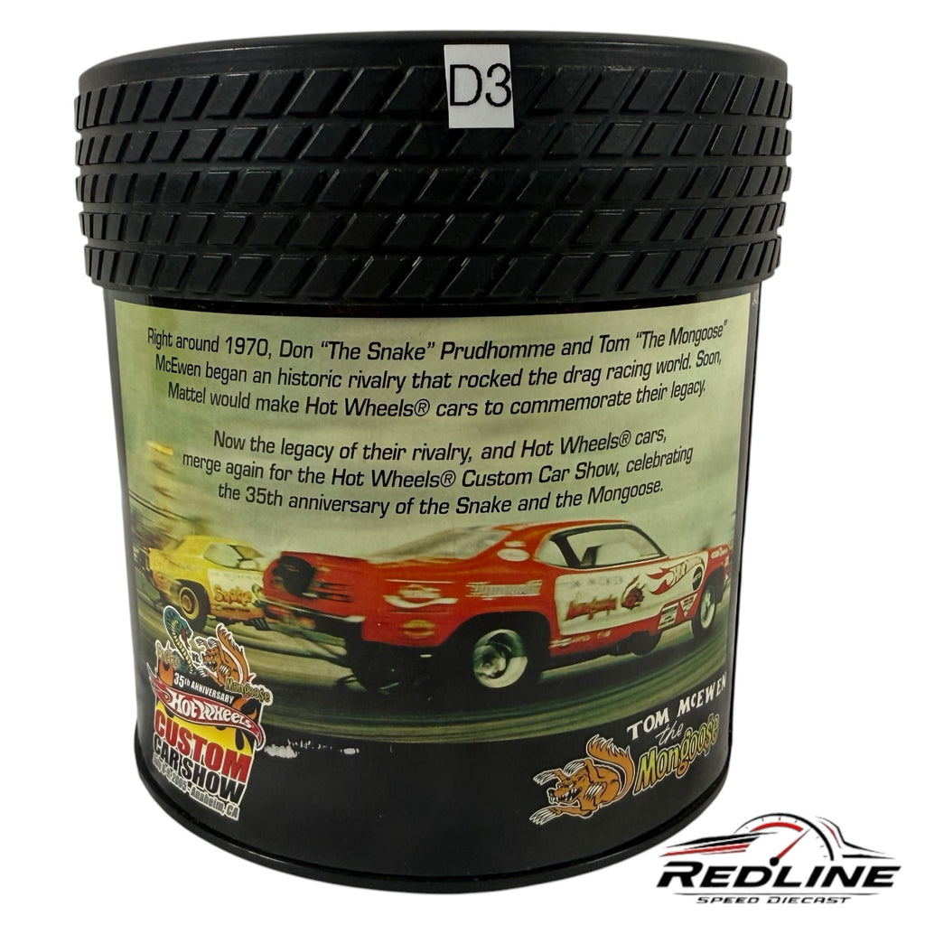 Redline Speed Diecast Mongoose Rocket Oil collectible vehicle tire-shaped display case with racing history graphics