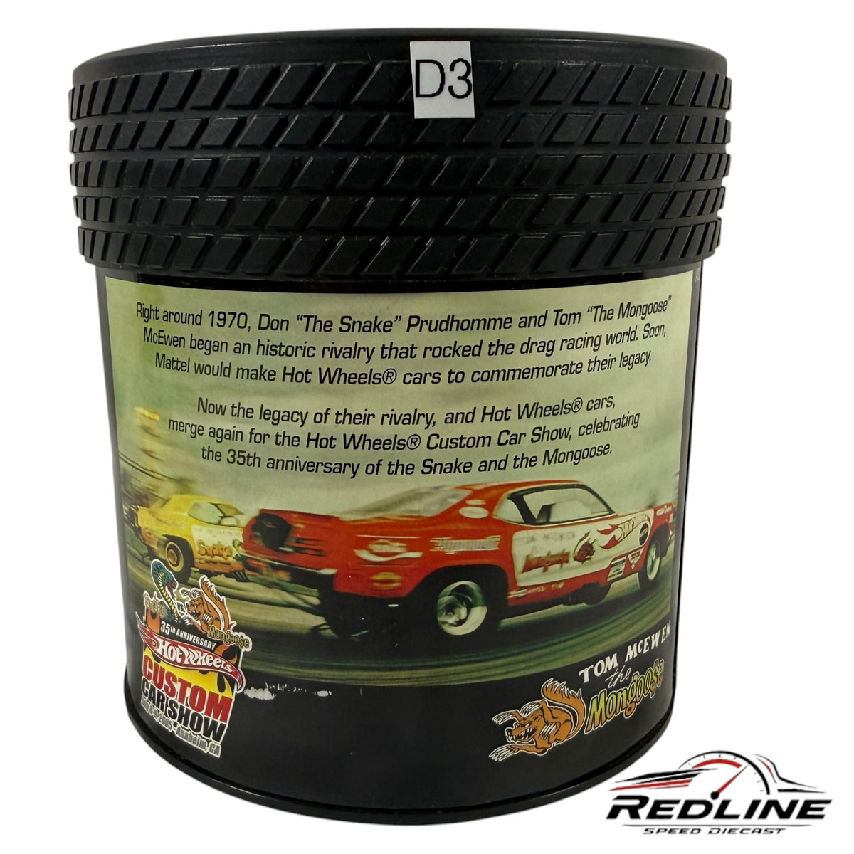 Redline Speed Diecast Mongoose Rocket Oil collectible vehicle tire-shaped display case with racing history graphics